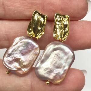 Gold Plated 925 Sterling Silver Lavender Square Coin Baroque Pearl Drop Earrings